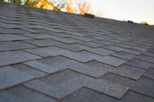 Close-up view of gray asphalt roof shingles arranged in a staggered pattern, with blurred trees and sky in the background.