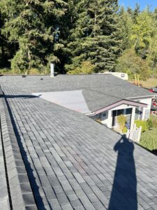 A rooftop with dark gray shingles; one section has lighter-colored new shingles. Trees and part of a house with a chimney and porch are visible in the background.
